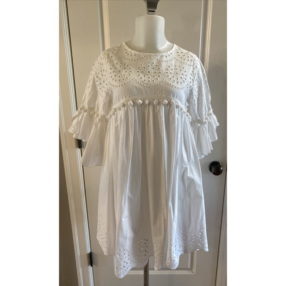 ZARA White Eyelet Babydoll Concert Festival Boho Ruffle Pom Mini Dress‎ – Size S